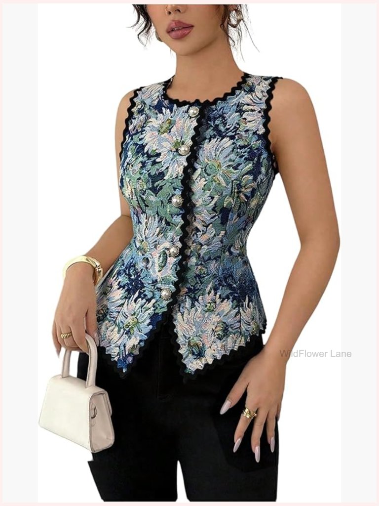 Floral Sleeveless Button Down Tank Top Summer Vacation
